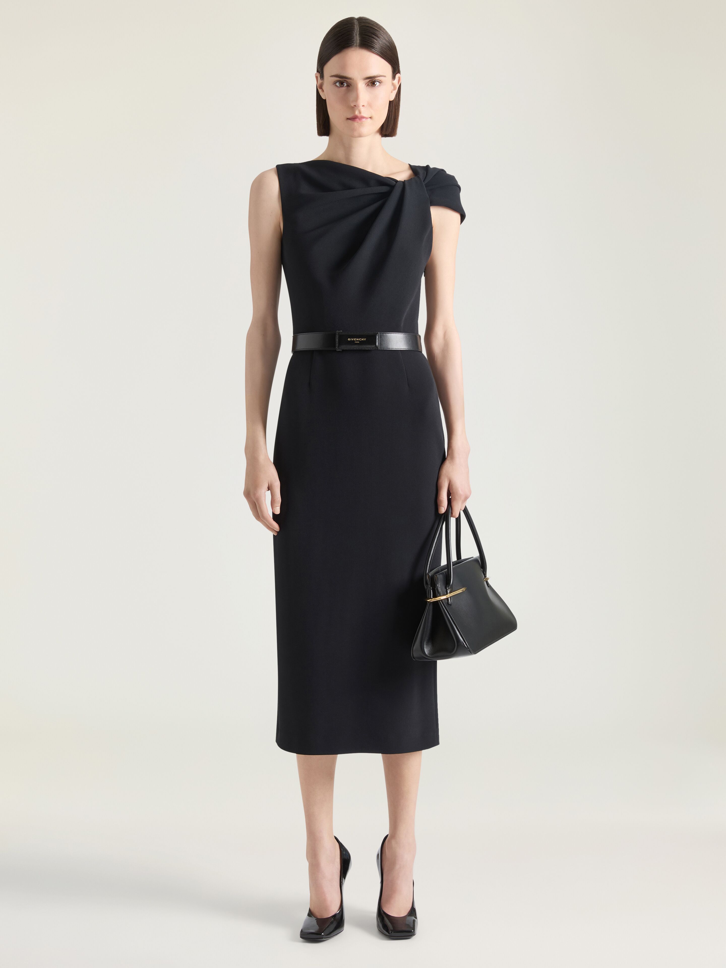 Draped pencil dress in crepe cady